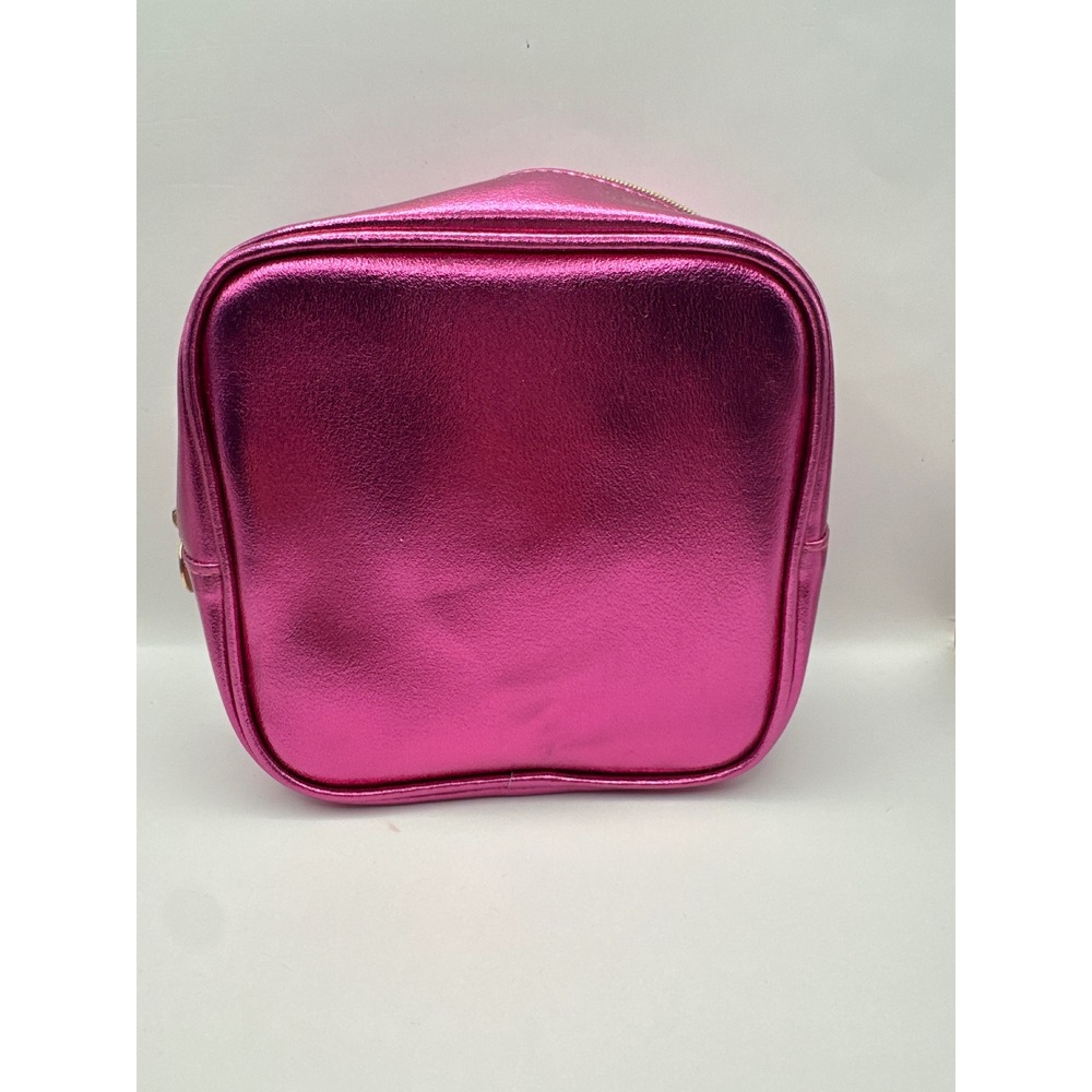 Ipsy Metallic Hot Pink Faux Leather Makeup‎ Bag Gold Ring Handle Square Pouch